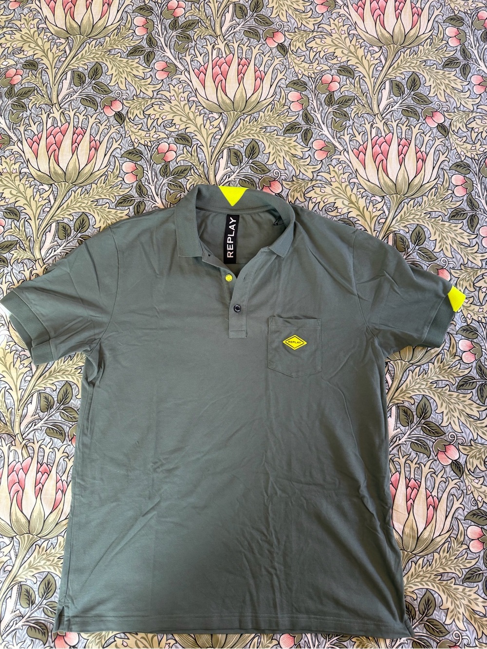 REPLAY Olive Green Polo with Neon Yellow Accents